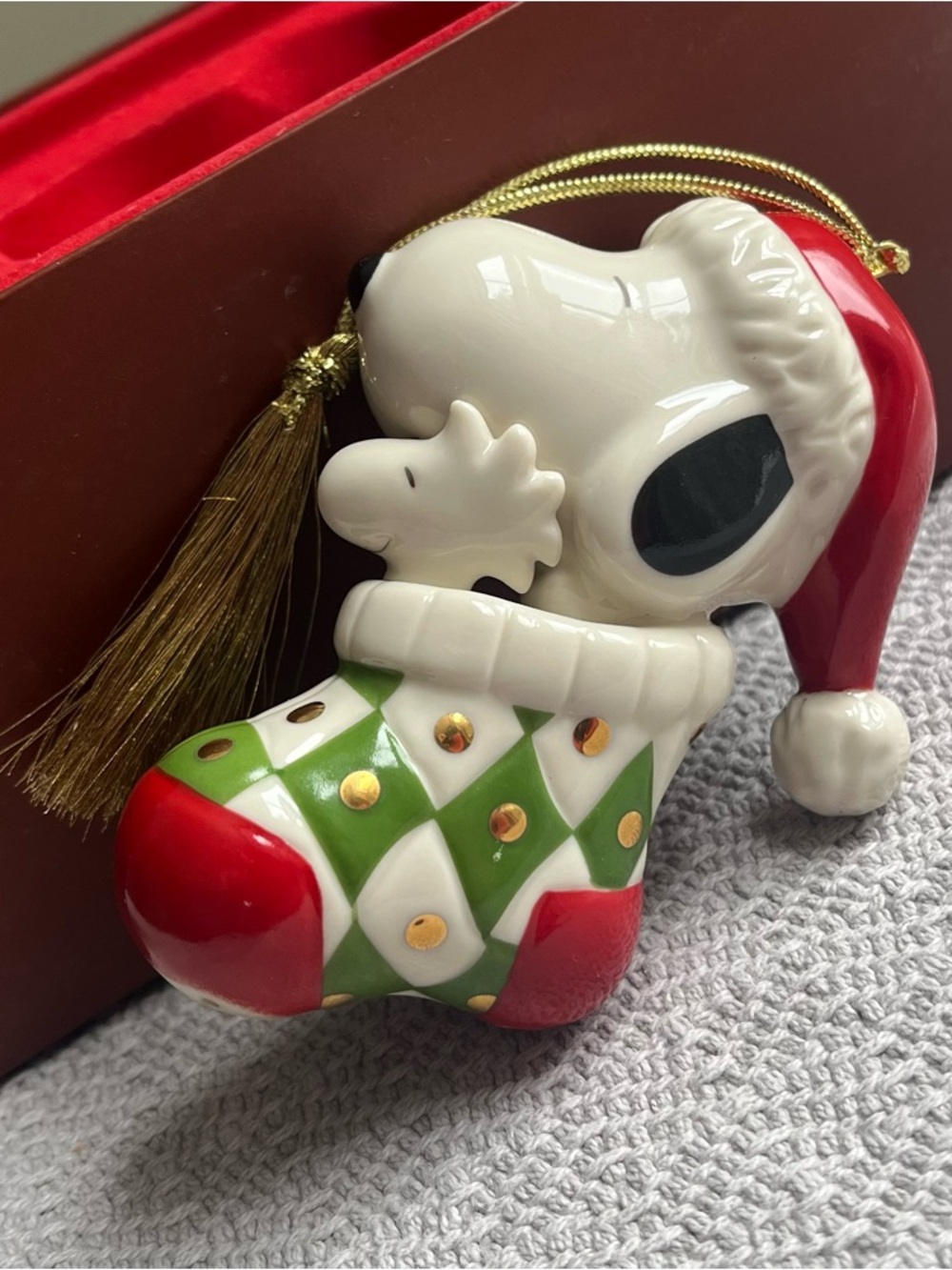 Lenox Red Green White Snoopy in Christmas Stocking Ornament